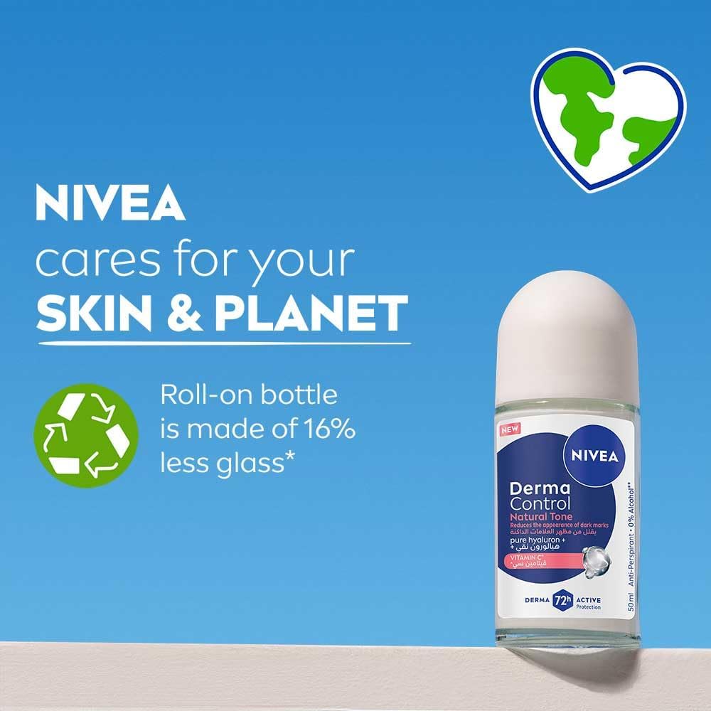NIVEA Derma Control Natural Tone Anti-Perspirant Roll-On, 50ml, with Pure Hyaluron and Vitamin C, 72H Protection