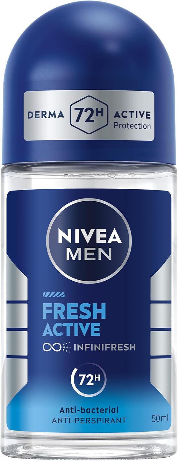 NIVEA MEN Fresh Active, Antibacterial Deodorant Roll-On 50ml for Men, 72H Protection, with Infini Fresh Formula, Long-Lasting Freshness