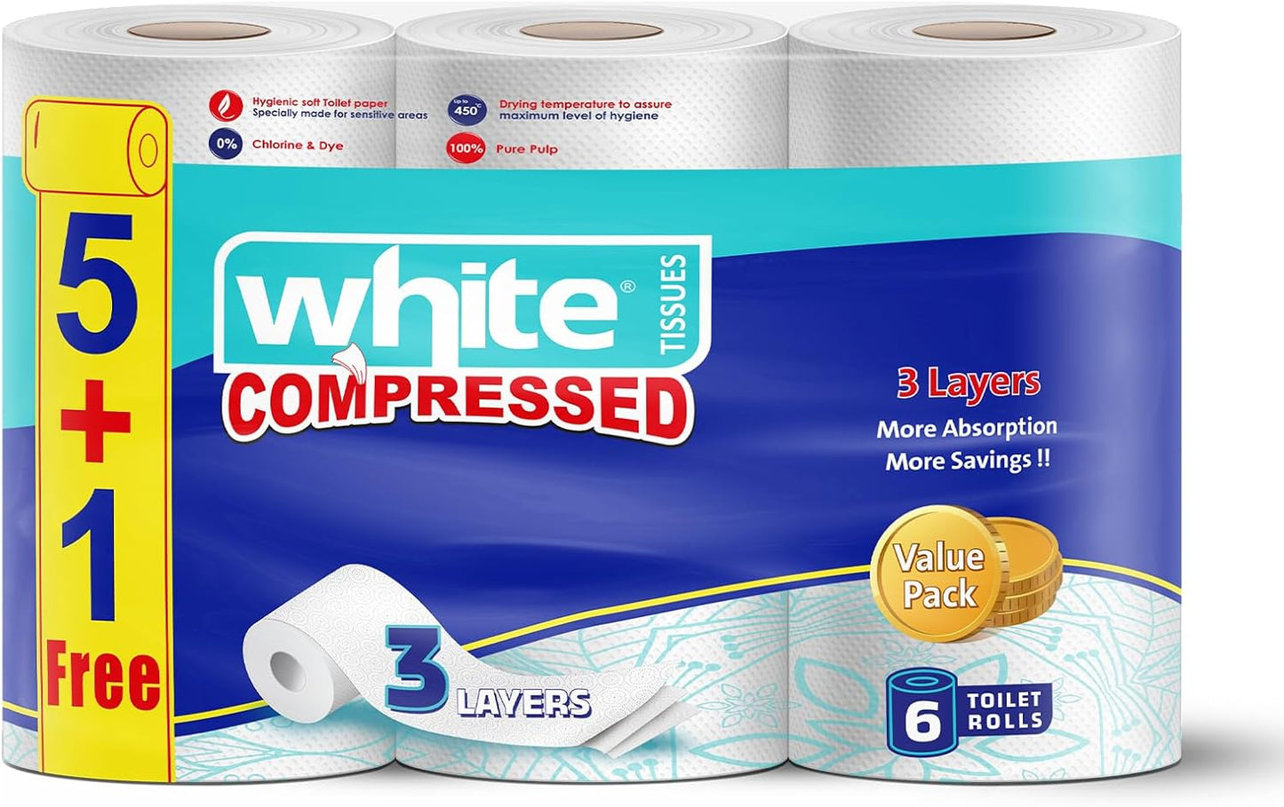 White compressed toilet rolls, 3 ply, 6 rolls