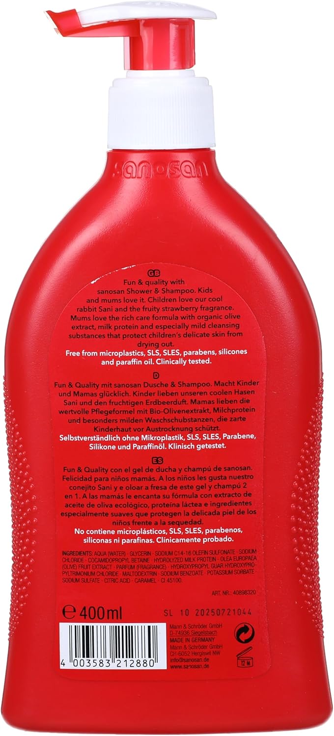 sanosan 2-in-1 Shower & Shampoo Strawberry for Children & Baby, 400 ml, Shower Gel & Hair Shampoo with Organic Olive Extract & Milk Protein, Hair Care, Skin Care, Shower Gel, Hair Shampoo