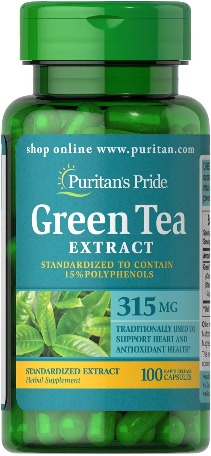 Puritan’s Pride Green Tea Extract, 315mg, Standardized to Contain 15% Polyphenols, Herbal Antioxidant Supplement, 100 Rapid Release Capsules, Made in USA