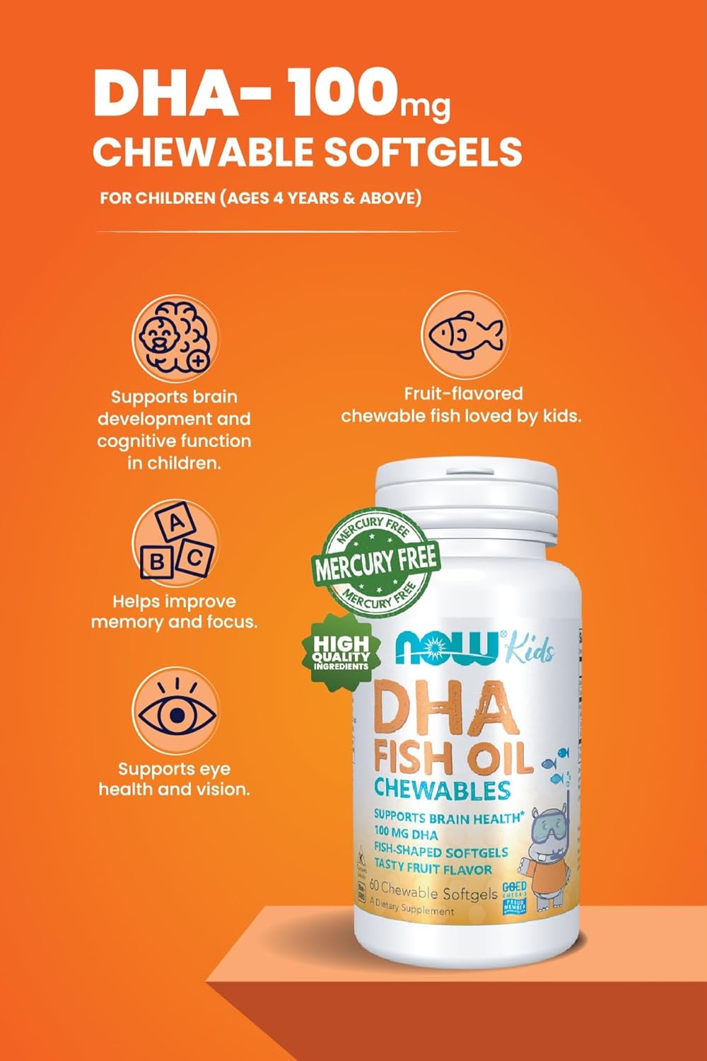 NOW DHA 100 mg – Chewable Fish Oil Softgels – Brain & Heart Support – 60 Capsules – Dietary Omega-3 Supplement