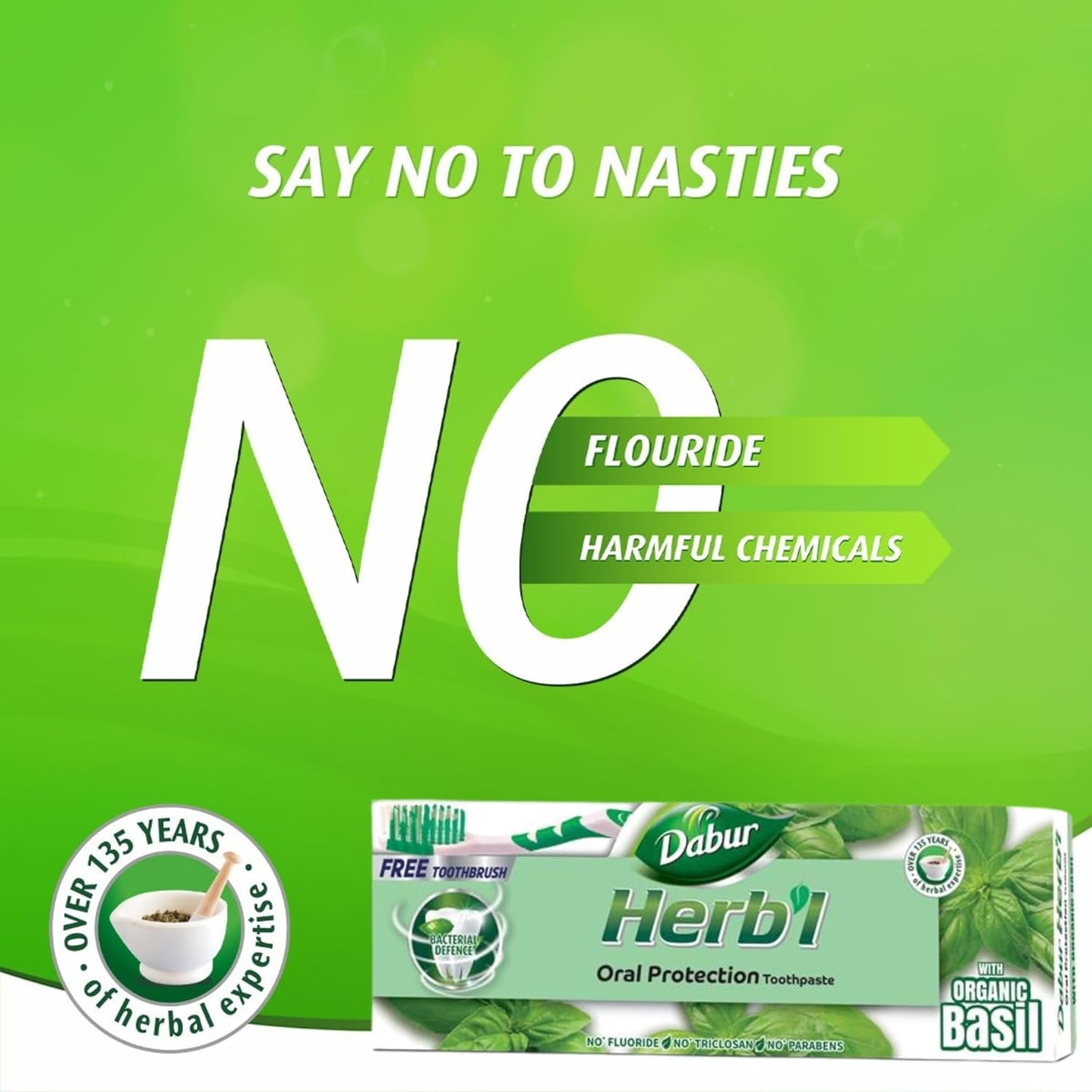Dabur Herbal Basil Natural Toothpaste (140g) with Toothbrush | Complete Oral Protection | Prevents Tooth Decay | Fights Bad Breath