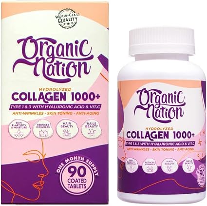 ORGANIC NATION | Hydrolyzed Collagen 1000+ Tablets | 90 Coated Tablets | Natural | Vegan | Non-GMO | For Silky Smooth Skin | Anti-Wrinkles | Anti-Aging | With Hyaluronic Acid and Vitamin C