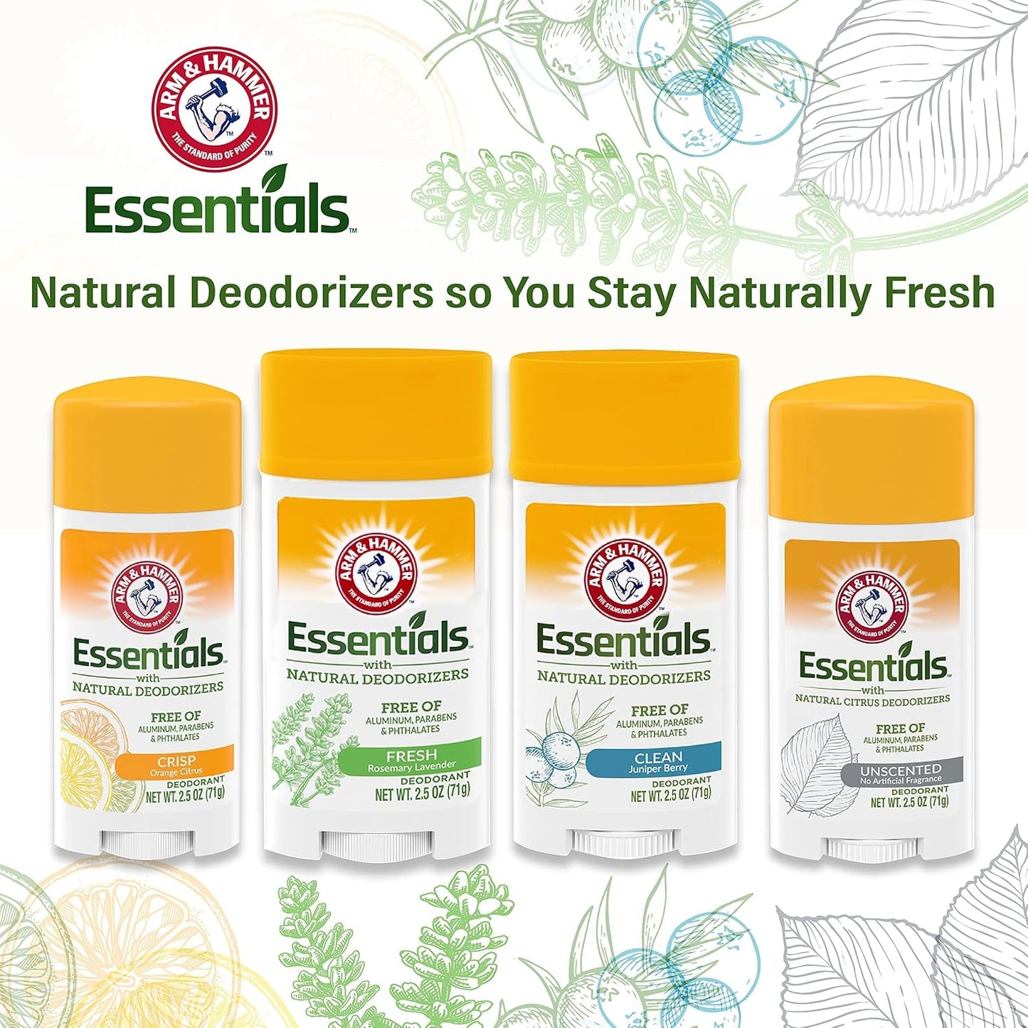 ARM & HAMMER Essentials Deodorant- Unscented- Solid Oval- Made with Natural Deodorizers- Free From Aluminum, Parabens & Phthalates, 2.6 Oz