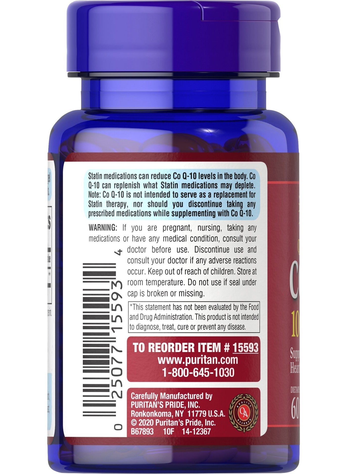 Puritan's Pride CoQ-10 100 mg 60 Softgels Color May Vary