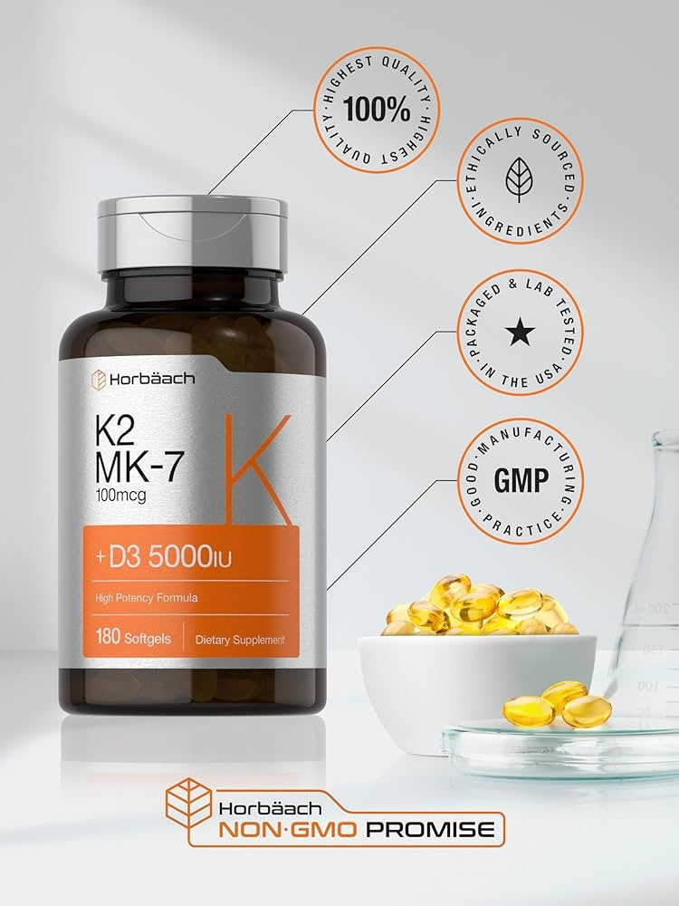 Horbäach Vitamin D3 K2 | 5000iu of Vitamin D & 100mcg MK-7 Complex | 180 Softgel Capsules