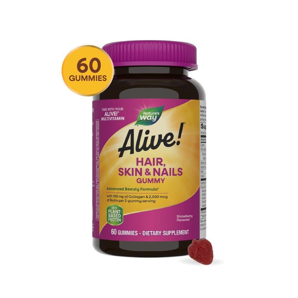 Nature's Way Alive! Hair, Skin & Nails Gummies, Strawberry Flavored, 60 Gummies