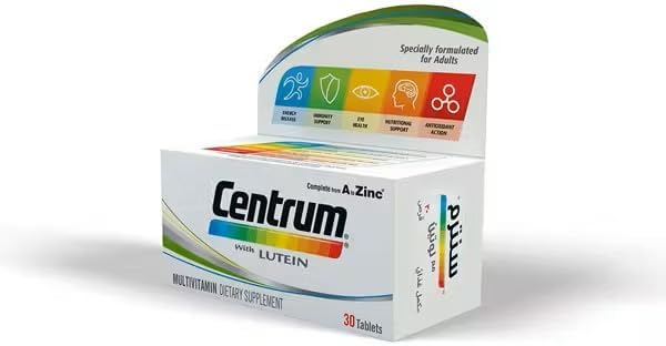Centrum with Lutein, A to Zinc supplements for Adults with Vitamin B, C, D, Minerals, Nutrients and Trace Elements, 30 Tablets