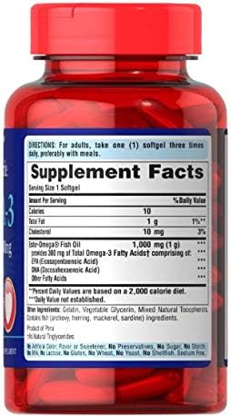 Puritan's Pride Omega-3 Fish Oil 1000mg, 300mg Active Omega-3, Softgels, 100ct