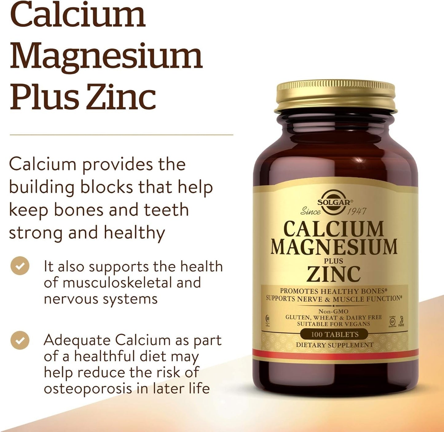 Solgar Calcium Magnesium Plus Zinc, 100 Tablets