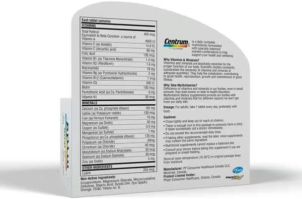 Centrum with Lutein, A to Zinc supplements for Adults with Vitamin B, C, D, Minerals, Nutrients and Trace Elements, 30 Tablets