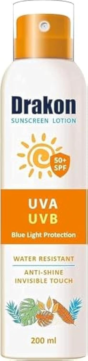 Drakon Sunscreen Lotion Dry touch SPF 50+ UVA,UVB & Blue Light Protection, Water Resistant & Antioxidant for All Skin Types especially for oily & combined Skin - 200 ml