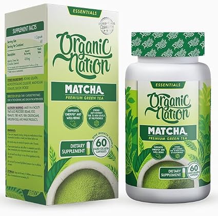 Organic Nation Matcha Premium Green Tea Dietary Supplement 60-Hard Gelatin Capsules