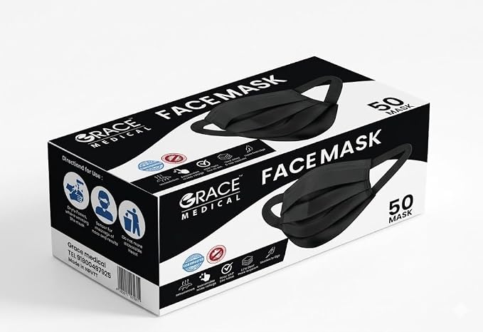 Grace Face Mask Surgical Wide Adult Black 50 Piece