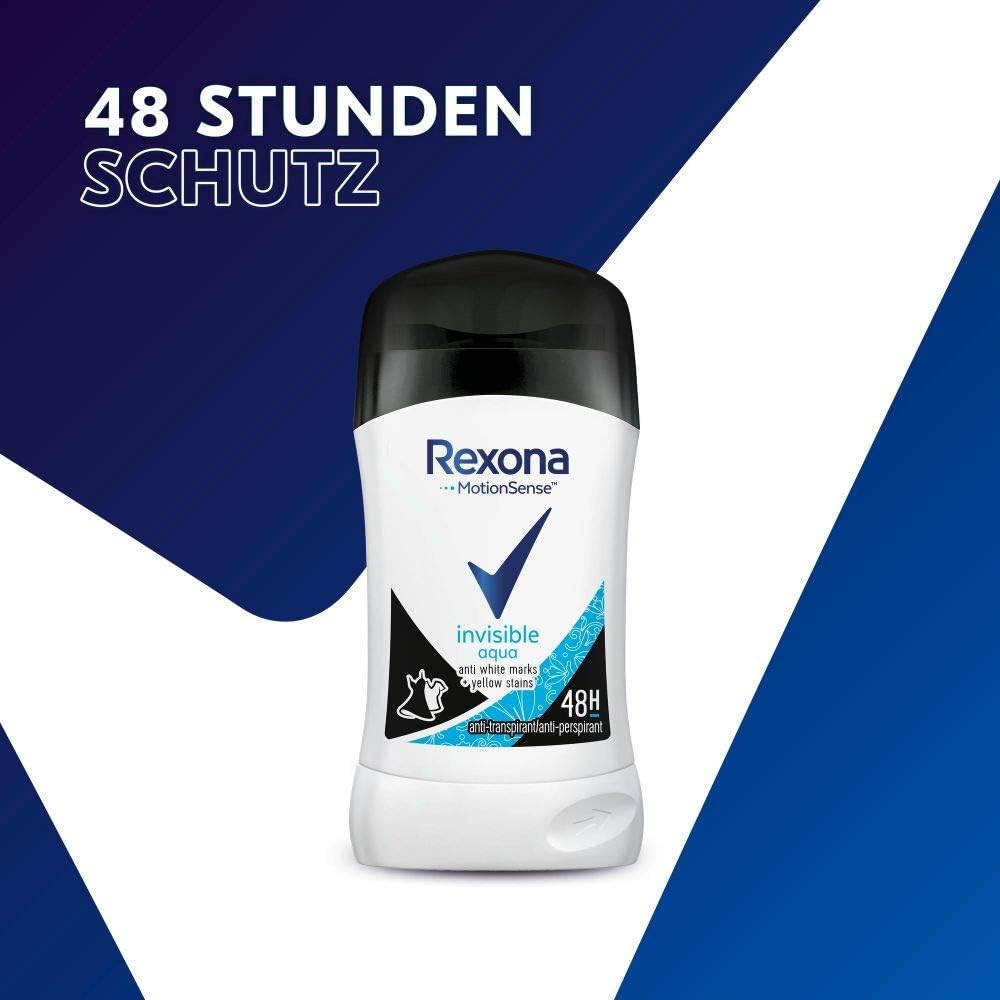 Rexona MotionSense Invisible Aqua Deodorant Stick - Antiperspirant with 48 Hours Protection Against Strong Sweating and Body Odour - 40 ml (Pack of 1)