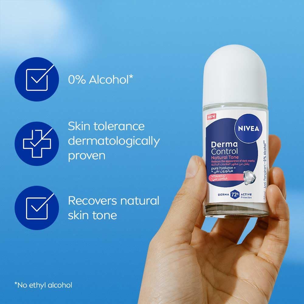 NIVEA Derma Control Natural Tone Anti-Perspirant Roll-On, 50ml, with Pure Hyaluron and Vitamin C, 72H Protection