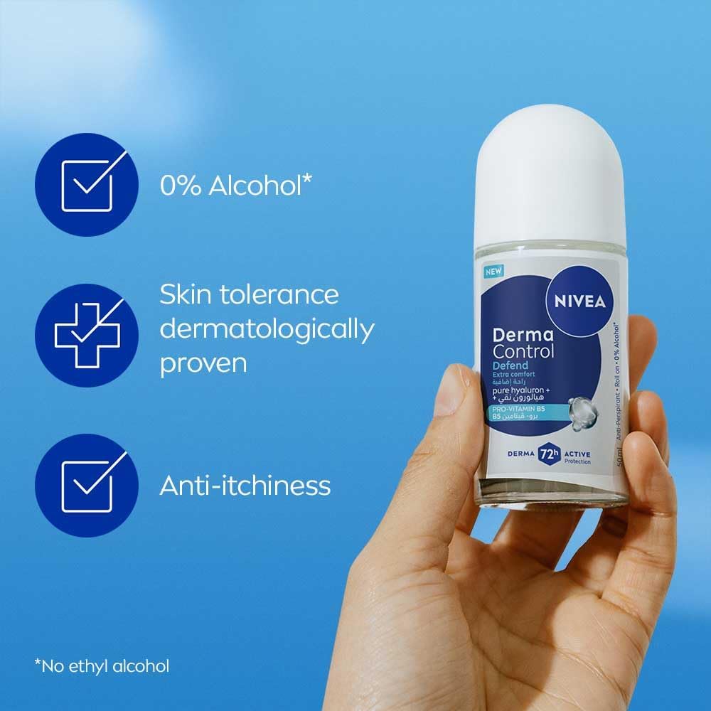 NIVEA Derma Control Defend Extra Comfort Anti-Perspirant Roll-On, 50ml, with Pure Hyaluron and Pro-Vitamin B5, 72H Protection