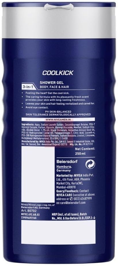 NIVEA MEN 3in1 Shower Gel Body Wash, Cool Kick 24h Fresh Effect Masculine Scent, 250ml