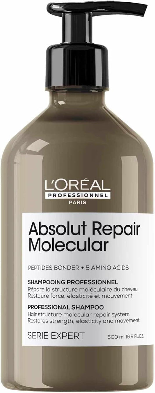 L’Oréal Professionnel Paris Absolut Repair Molecular Sulphate Free Shampoo 500ml, For Extremely Damaged Hair, Molecular Peptides Bond Repair, Restore Strength & Elasticity