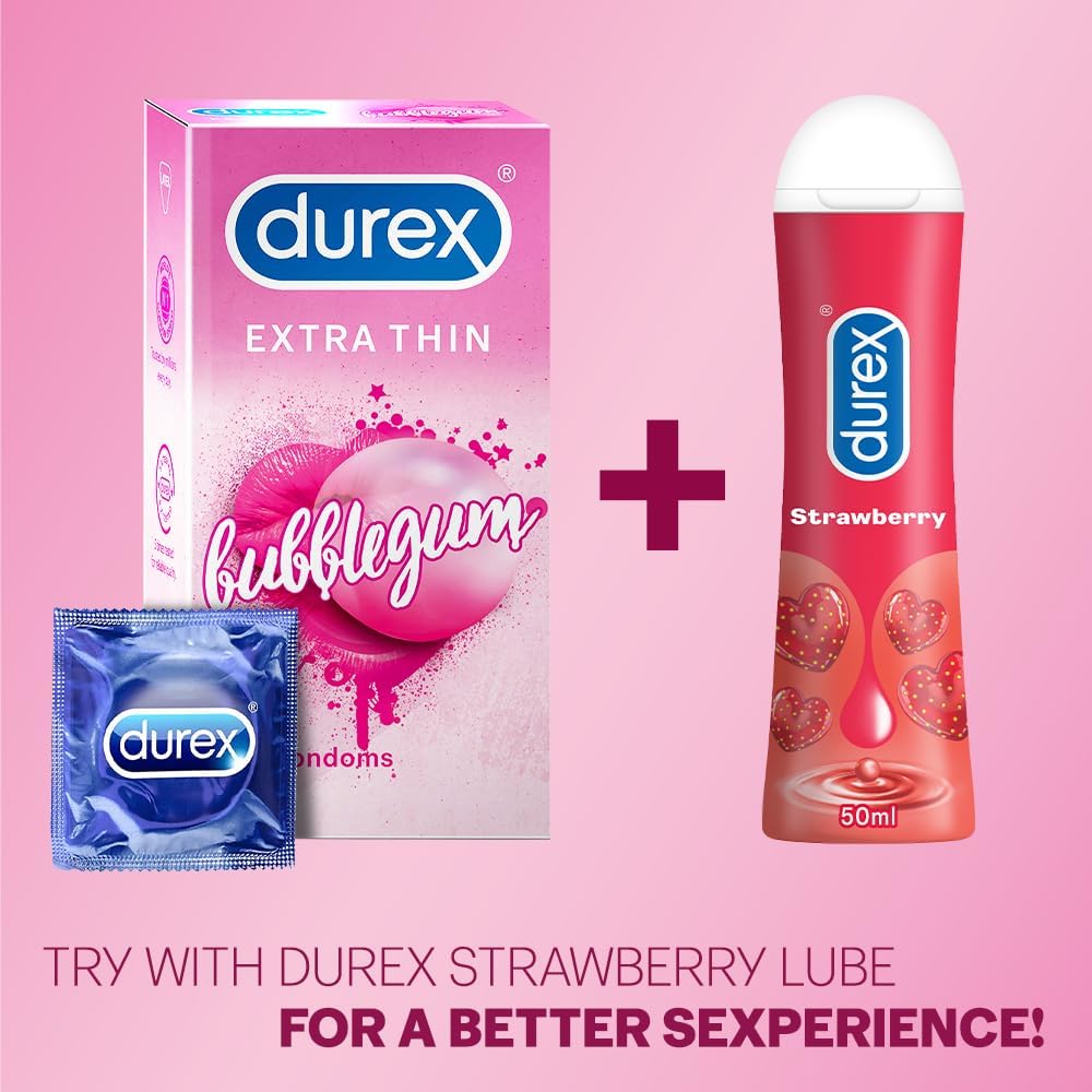 Durex Extra Thin Intense Bubblegum Flavoured Condoms for Men, Latex, 12 Count