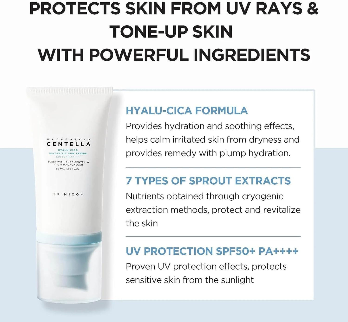 SKIN1004 Centella Hyalu‑Cica Water‑Fit Sun Serum 50ml - Lightweight Hydrating Sunscreen Serum with Centella & Hyaluronic Acid, Korean Skincare for Daily UV Care