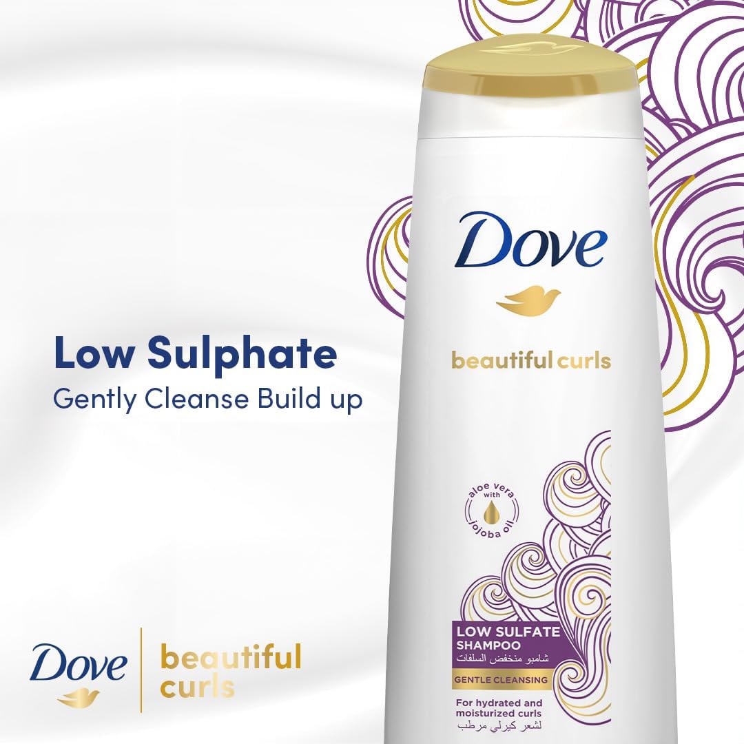 Dove Beautiful Curls shampoo, low sulfate, infused with aloe vera & jojoba oil, gently removes product build-up to restore shine and mositure for a clean hydrated, healthy curls 350ml