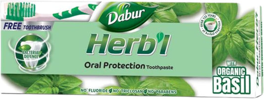 Dabur Herbal Basil Natural Toothpaste (140g) with Toothbrush | Complete Oral Protection | Prevents Tooth Decay | Fights Bad Breath