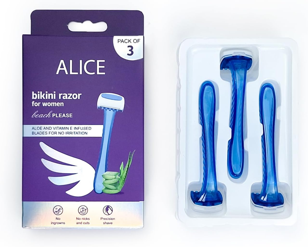 Alice - Razor, For Bikini Line & Body Grooming, Set Of 3 PCS, Aloe & Vitamin E Infused Blades For No Irritation, Made Especially For Women