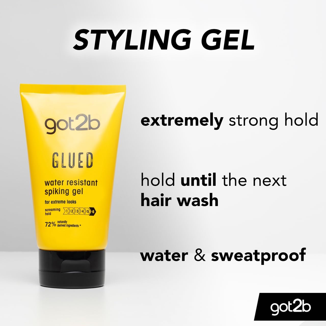 got2b Glued Water Resistant Spiking Gel 150 ml, Glued Spiking Gel for up to 72h Ultra Strong Hold, Water & Sweatproof, For Extreme Hairstyles, Vegan* Formula