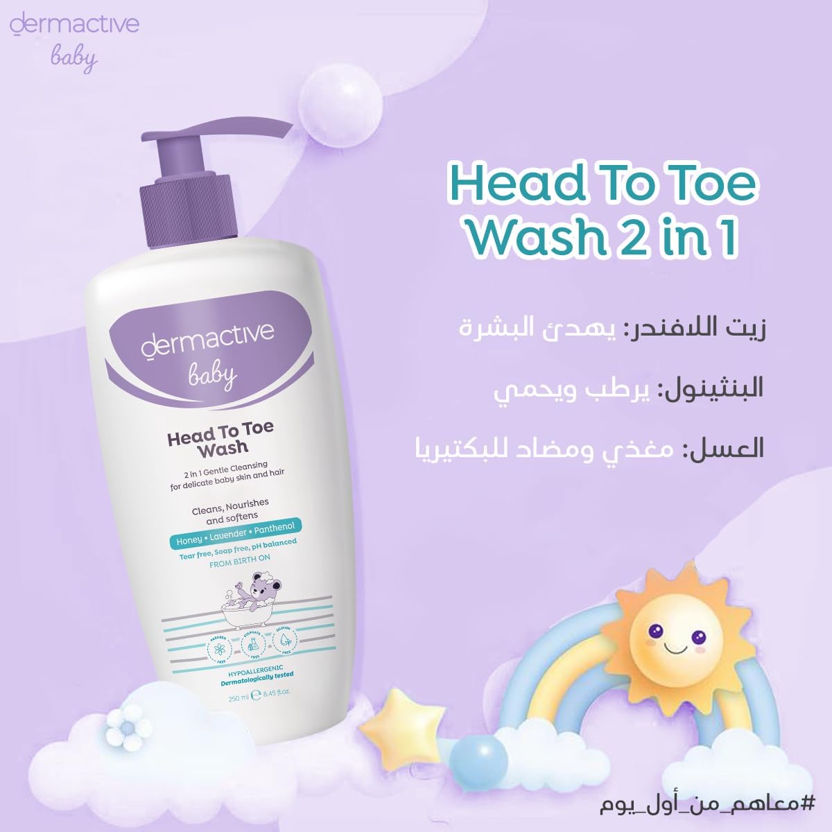 DERMACTIVE Baby Head-to-Toe Wash – 250ml | Gentle Cleansing Gel, Tear-Free Formula, Maintains Soft & Healthy Baby Skin