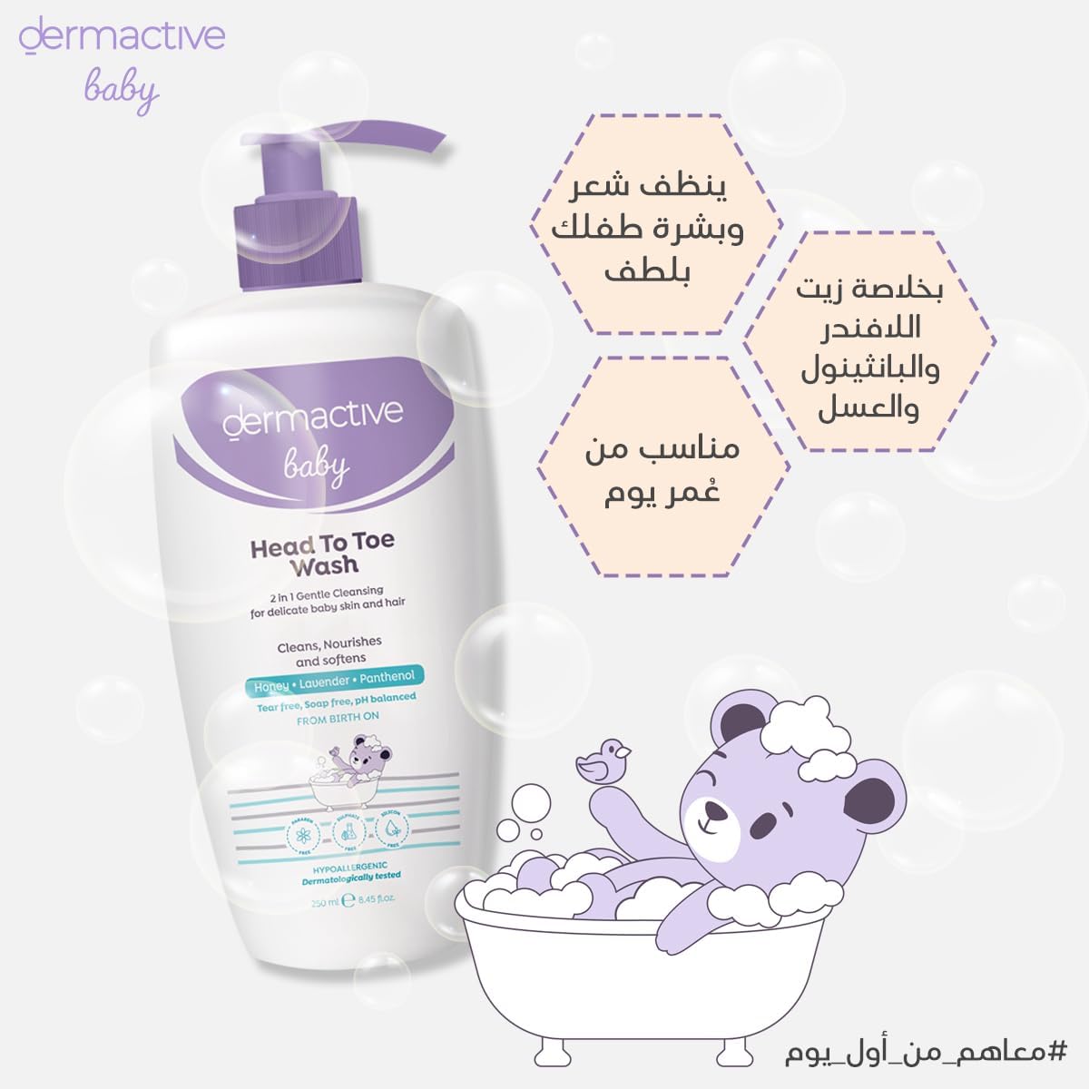 DERMACTIVE Baby Head-to-Toe Wash – 250ml | Gentle Cleansing Gel, Tear-Free Formula, Maintains Soft & Healthy Baby Skin