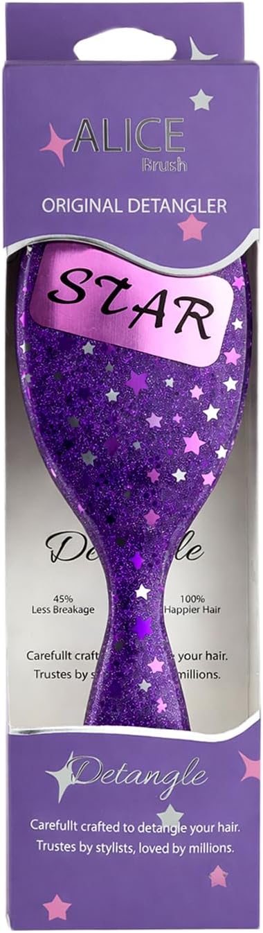 Alice - Detangling Hair Brush, Scalp Massaging Brush, Hair Stayling, Professional Anti-Tangle, Brush With Soft Bristles, Flexible Smooth Glide, Tangle Control, For Wet & Dry Hair (Purple Star)
