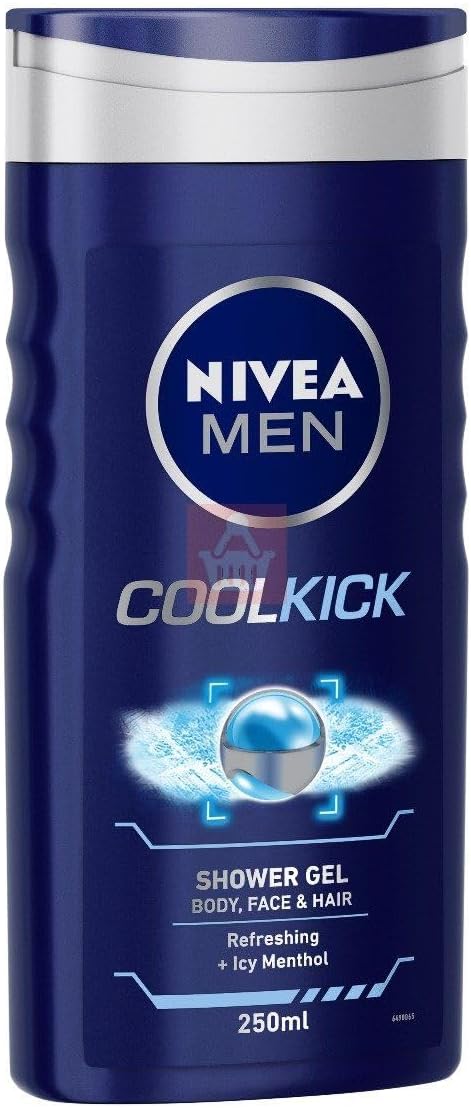 NIVEA MEN 3in1 Shower Gel Body Wash, Cool Kick 24h Fresh Effect Masculine Scent, 250ml