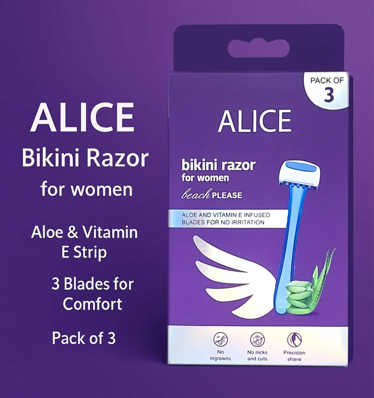 Alice - Razor, For Bikini Line & Body Grooming, Set Of 3 PCS, Aloe & Vitamin E Infused Blades For No Irritation, Made Especially For Women