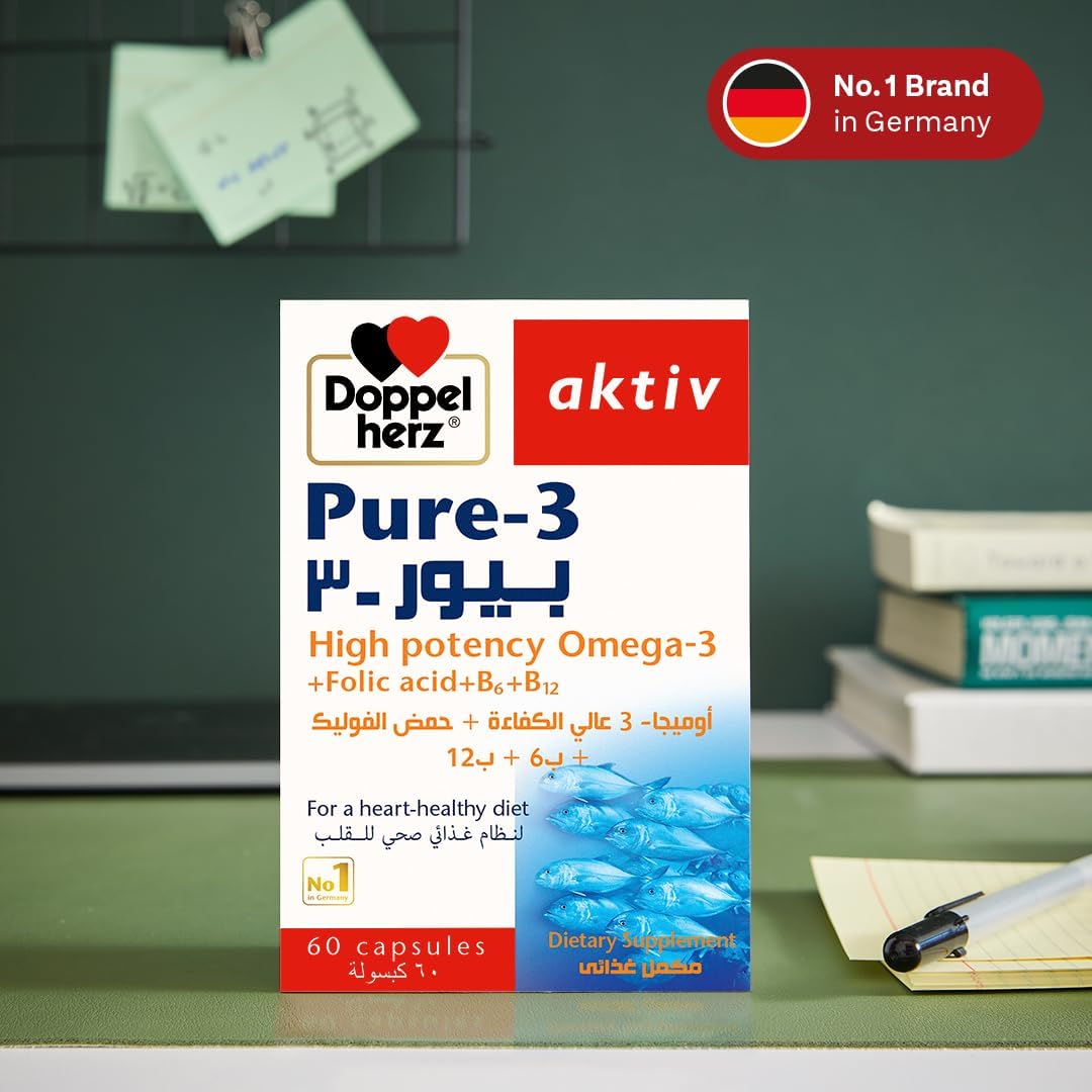 Doppelherz aktiv pure-3, food supplement, rich in omega-3, dha and vitamins, contributes towards the positive balance of cholesterol in the blood, 60 capsules