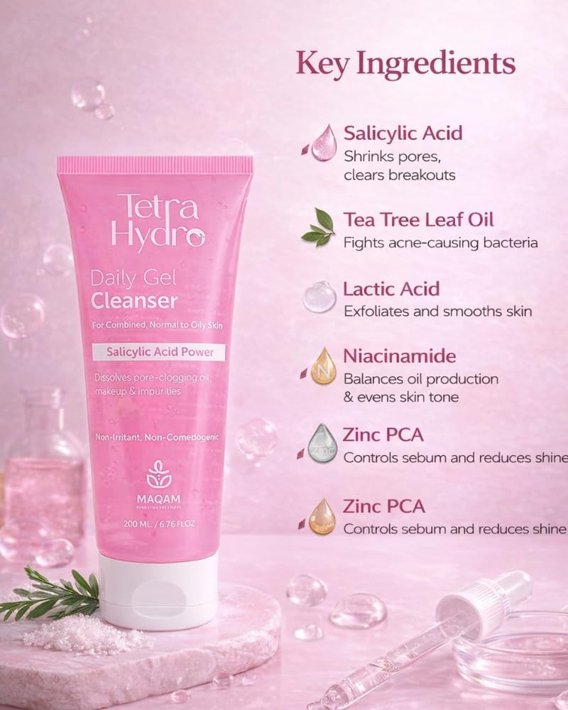 Tetra Hydro Daily Gel Cleanser for Combined to Oily Skin, solution for combined, healthy glow, Non-comedogenic, Salicylic Acid, Makeup Removal, Deep hydration, Glycerin gel, Oil Control, 200 ml