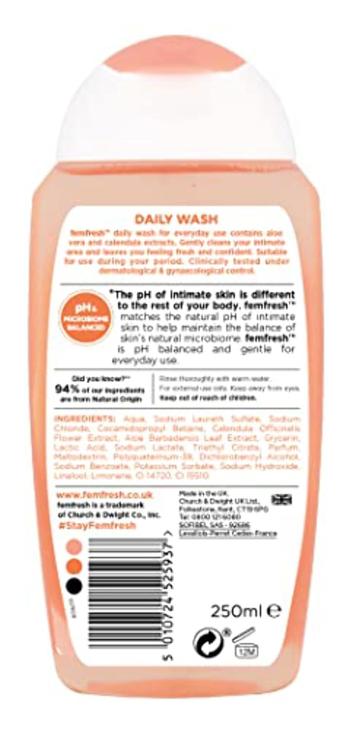 Femfresh Intimate Wash 250ml, Daily pH-Balanced Cleanser, Soap Free, Aloe Vera and Calendula, Hypoallergenic, Dermatologist and Gynaecologist Tested, Suitable for Sensitive Skin