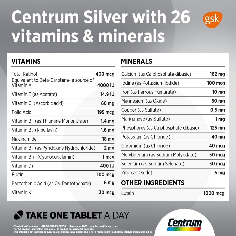 Centrum Silver with Lutein Multivitamin, Multimineral Supplements, for adults 50 + with Zinc, Vitamin B, D & Magnesium, 30 Tablets