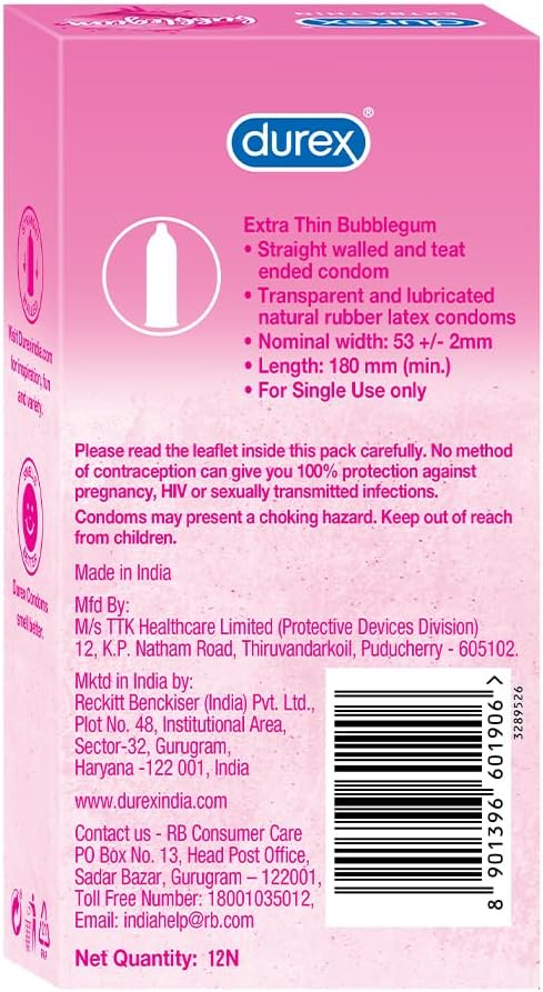 Durex Extra Thin Intense Bubblegum Flavoured Condoms for Men, Latex, 12 Count