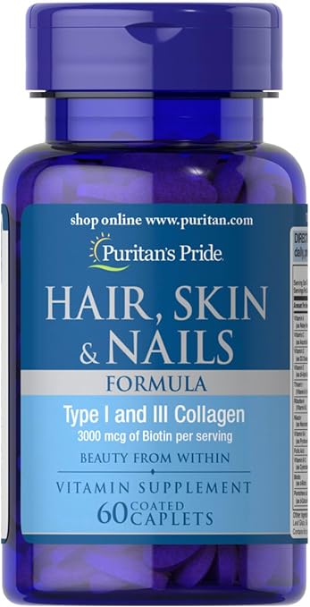 Puritan’s Pride Hair, Skin & Nails Formula, Type I & III Collagen, 3000 mcg Biotin Per Serving, Beauty Supplement, 60 Coated Caplets, Made in USA