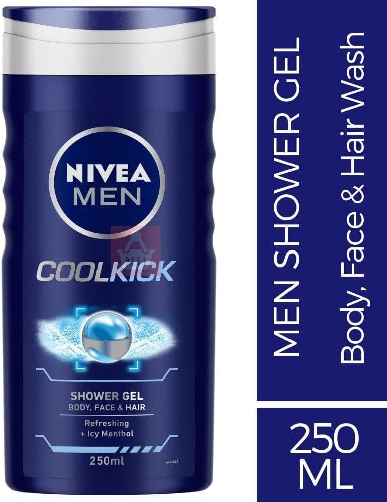 NIVEA MEN 3in1 Shower Gel Body Wash, Cool Kick 24h Fresh Effect Masculine Scent, 250ml