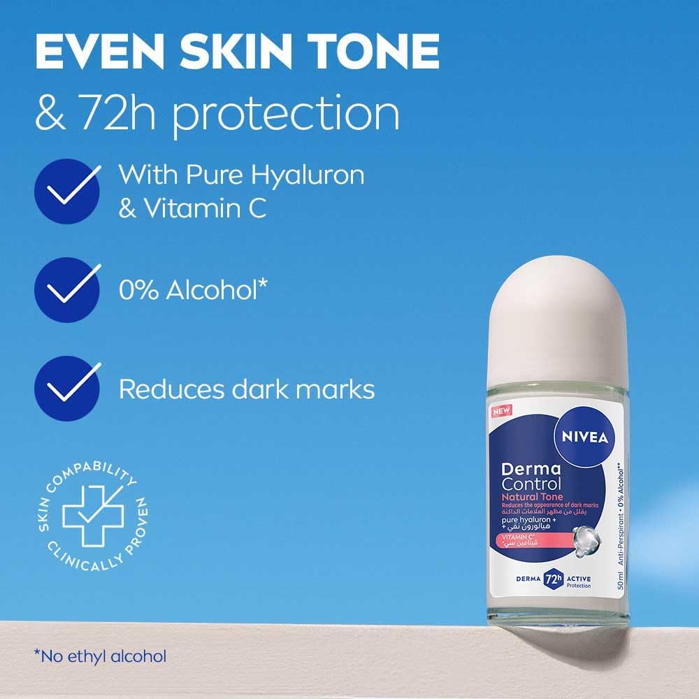 NIVEA Derma Control Natural Tone Anti-Perspirant Roll-On, 50ml, with Pure Hyaluron and Vitamin C, 72H Protection