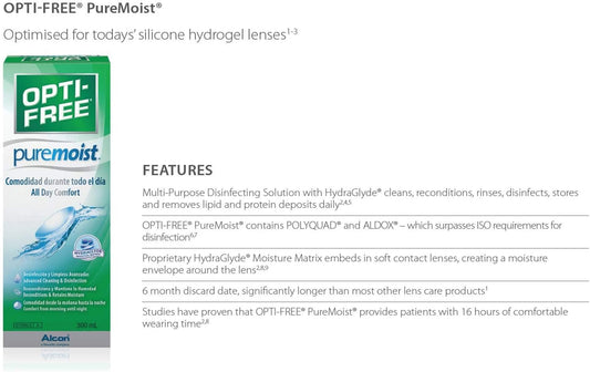 Opti-Free PureMoist - Contact Lenses Solution - Optifree - Clean, Disinfict, ReCondition, Retain Moisture, Contact Lenses - 300ml