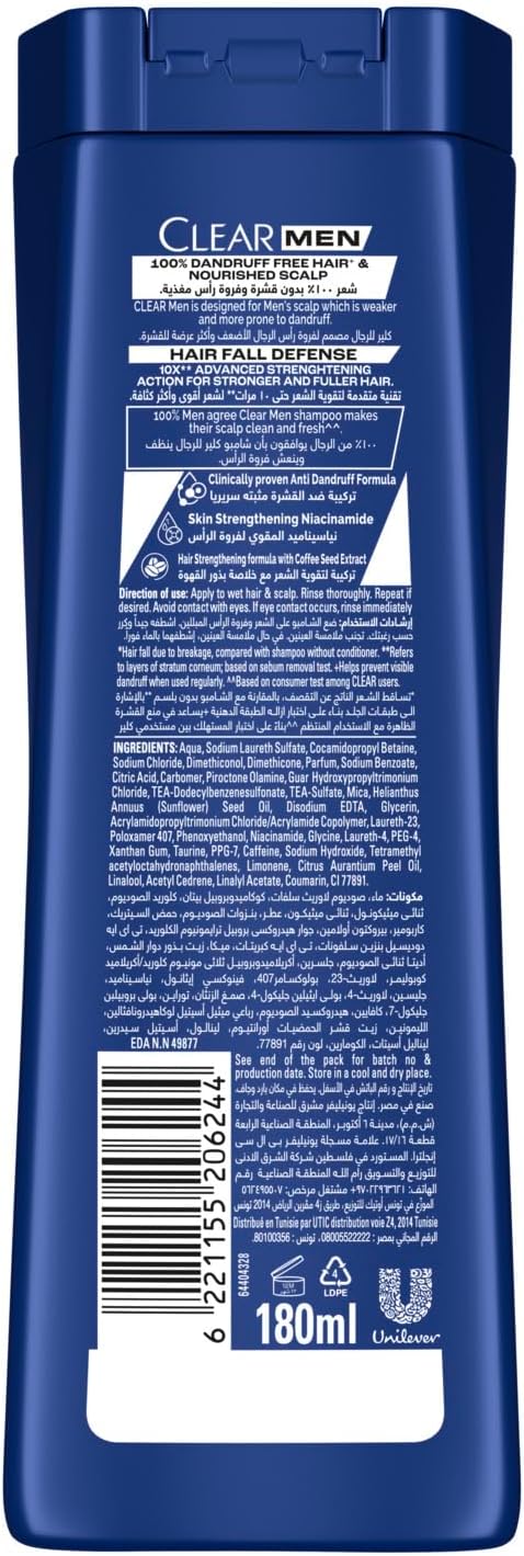 CLEAR Men Anti-dandruff Shampoo Hair Fall Defense, 10X less Hair Fall with Ultra Performance Formula, 180ML
