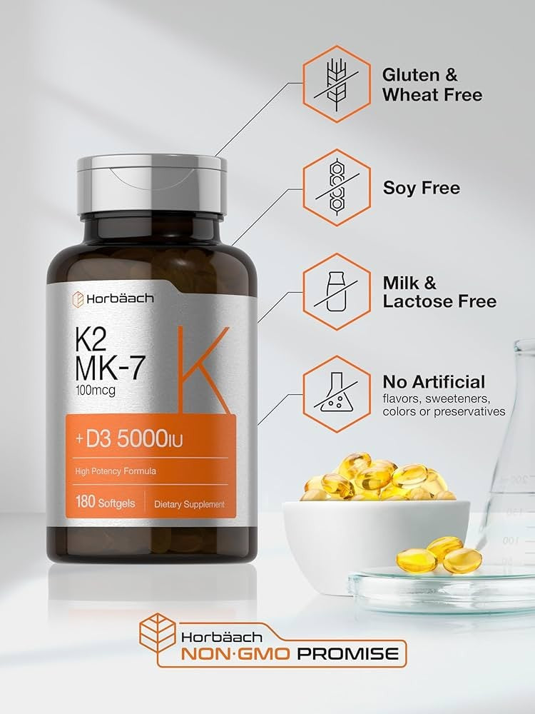 Horbäach Vitamin D3 K2 | 5000iu of Vitamin D & 100mcg MK-7 Complex | 180 Softgel Capsules