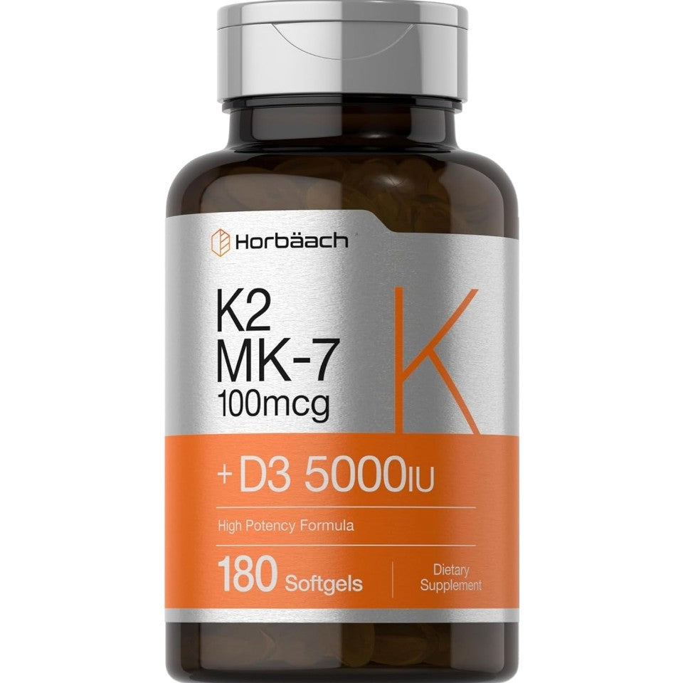 Horbäach Vitamin D3 K2 | 5000iu of Vitamin D & 100mcg MK-7 Complex | 180 Softgel Capsules