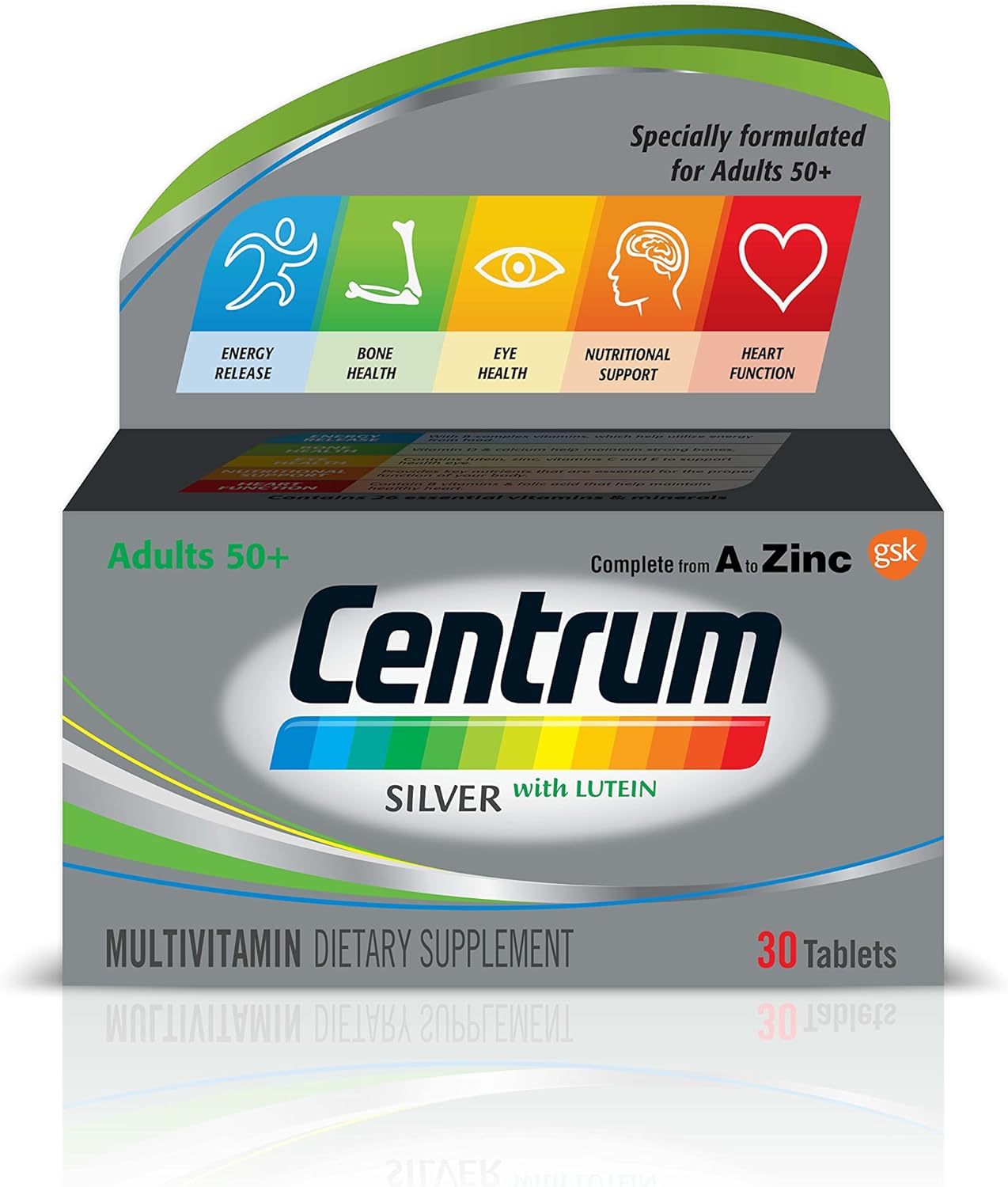 Centrum Silver with Lutein Multivitamin, Multimineral Supplements, for adults 50 + with Zinc, Vitamin B, D & Magnesium, 30 Tablets