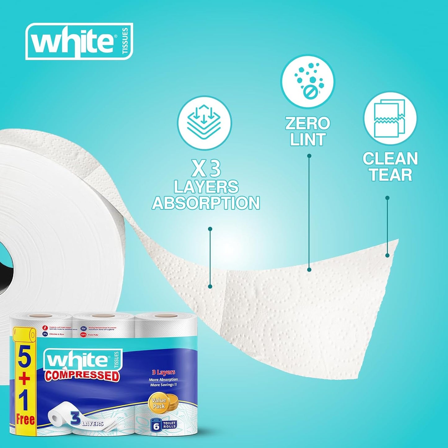 White compressed toilet rolls, 3 ply, 6 rolls