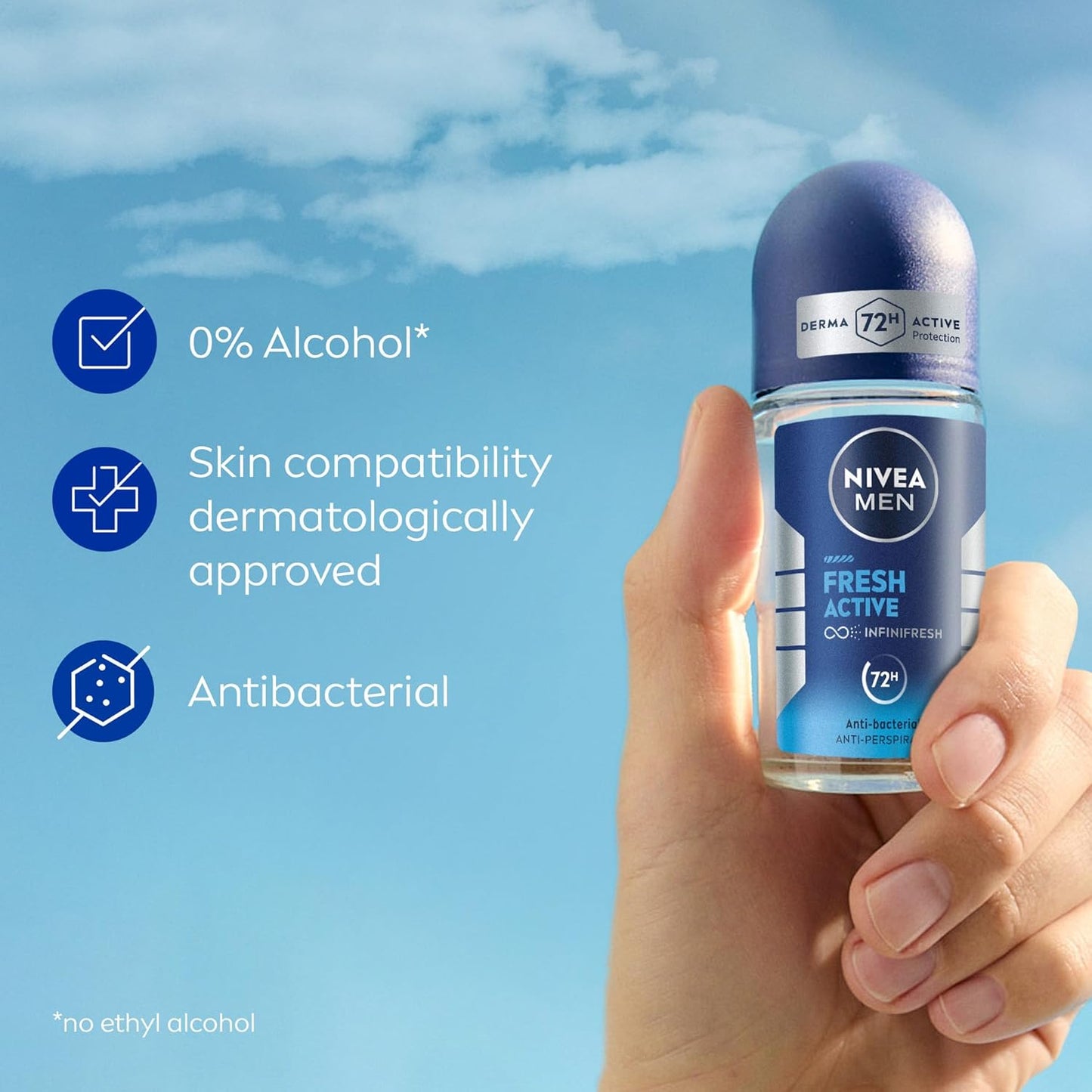 NIVEA MEN Fresh Active, Antibacterial Deodorant Roll-On 50ml for Men, 72H Protection, with Infini Fresh Formula, Long-Lasting Freshness